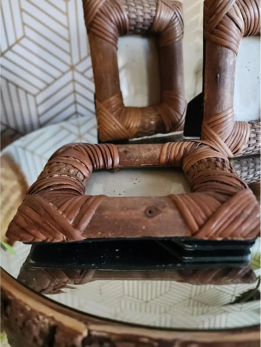 Vintage Set Of 3 Wicker And Bamboo Bohemian Photo Frames Tropical Decor 4x5